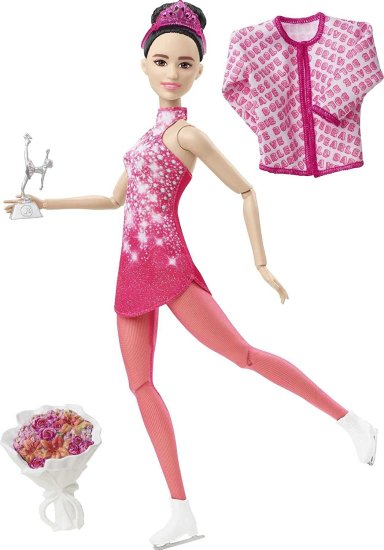 Barbie バービーウィンタースポーツアイススケーターブルネットドール（12インチ）ピンクのドレス、ジャケット、ローズブーケ、トロフィー、3歳以上の素晴らし