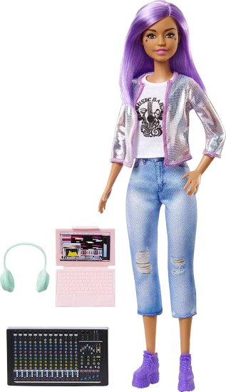 Barbie バービーキャリアオブザイヤーミュージックプロデューサードール（12インチ）、カラフルな紫色の髪、トレンディなティー、ジャケット＆ジーンズとサウ