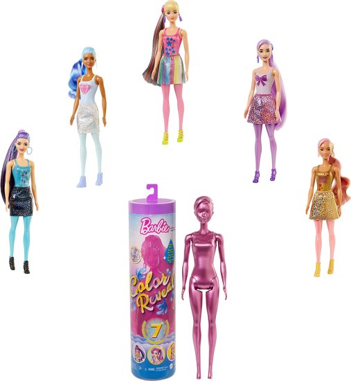 バービー Barbie バービーの色は、7つの驚きで人形を明らかにします：4つのミステリーバッグ。水は、ボディスと髪の人形の外観と色の変化を明らかにします。シマーシリ