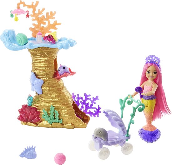 Barbie チェルシーマーメイドドール、4枚のペット、サンゴ礁プレイエリア、ベビーカー＆アクセサリー、3歳のおもちゃなどのバービーメ..
