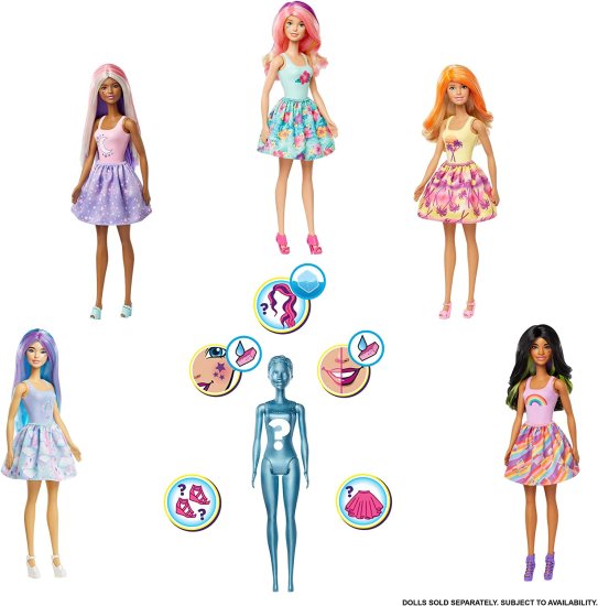 Barbie バービーの色は 7つの驚きの4つのミステリーバッグ サプライズウィッグ スカート シューズ スポンジを持つ人形を明らかにします。サニー 039 nクール