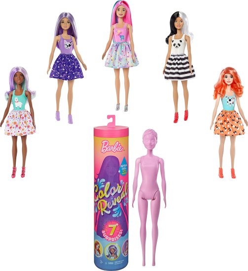 Barbie バービーの色は7つの驚きで人形を明らかにします。 4つのミステリーバッグには サプライズウィッグ スカート 靴 スポンジが含まれています。動物を