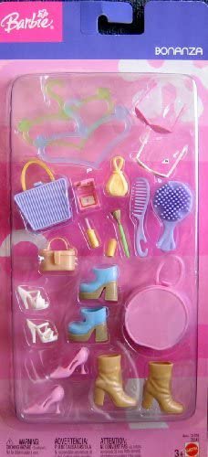 【商品名】Barbie バービーボナンザアクセサリーパック（2003）Barbie Bonanza Accessories Pack (2003)【商品説明】・Barbie Bonanza Accessories is a 2003 Mattel production. ・Includes: 2 Hangers, a blue plastic Purse w/yellow handles, 2 Pairs of Sunglasses (pink & white), a pink Compact w/"Mirror", a yellow perfume Bottle, Lipstick w/Lid, a Make-Up Brush, a Comb, a Brush, a beige Purse, a pair of blue Shoes w/beige platform Soles & heels, white slip on hi heel Shoes w/straps, a pair of pink Pumps, a pair of beige Boots w/think chunk heels, & a pink circular Carry Case w/handle. ・Included items are intended for Barbie & 11.5" fashion dolls; NO DOLLS included. Can be used w/other size dolls, if preferred. ・For Ages 3+ Years. CAUTION: Small Parts included. PLEASE check in CONDITION NOTE/Comments for the Package Condition. ・Barbie Bonanza Accesories is great for any collection, as a gift or for fun play!