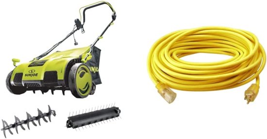 楽天ワールドセレクトショップSun JoeSun Joe AJ805E 15-Inch 13-Amp Electric Dethatcher and Scarifier, Green & Southwire 25890002 2589SW0002 Outdoor Cord-12/3 SJTW Heavy Duty