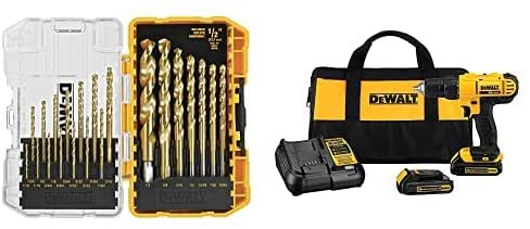 Dewalt デウォルト 20V MAX Cordless Drill / Driver Kit, Compact, 1/2-Inch (DCD771C2) Titanium Drill Bit Set, 21-Piece (DW1342)