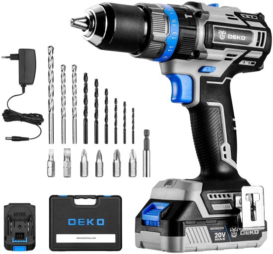 DEKOPRO Cordless Drill Set, 20V MAX Brushless Drill Driver Kit, 2x 2.0Ah Li-ion Batteries, 550 In-lbs Torque with Impact Hammer Function, 0-450/