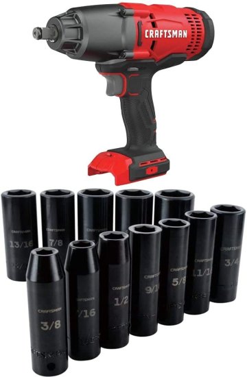 CRAFTSMAN V20 Cordless Impact Wrench, Tool Only with Deep Impact Socket Set, SAE, 1/2-Inch, 12 Pieces (CMCF900B CMMT15886)
