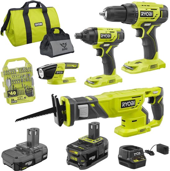 Ryobi 4-Tool Super Combo Bundle, 18-Volt ONE+ Lithium-Ion Cordless with Drill/Driver, Impact Driver, Reciprocating Saw, Work Light, (2) Batterie