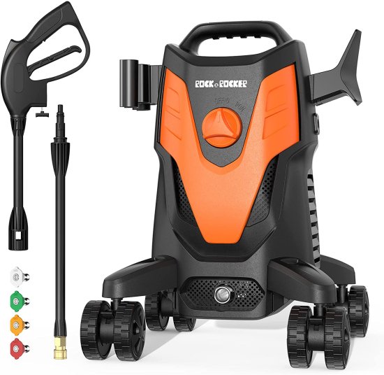 Rock Rocker Powerful Electric Pressure Washer, 1950PSI Max 1.58 GPM Power Washer with Hose Reel, 4 Quick Connect Nozzles, Soap Tank, IPX5 Car Wa