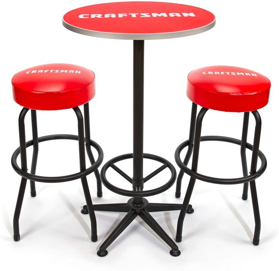 Craftsman 3-Piece Workshop/Garage Table and Shop Stool Set, 39-inch High Circular Table, 28.5-inch High Rip-Resistant Cushioned Stools, 360-degr