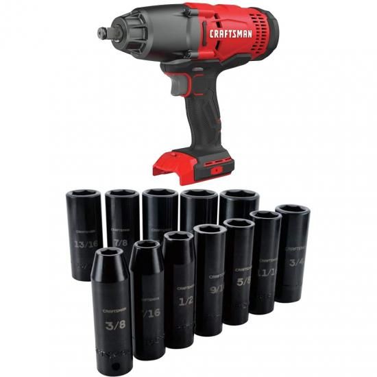 Rakuten - CRAFTSMAN V20 コードレスインパクトレンチ、工具のみ、ディープインパクトソケットセット付き、SAE、1/2インチ、12ピース (CMCF900B & CMMT15886)
