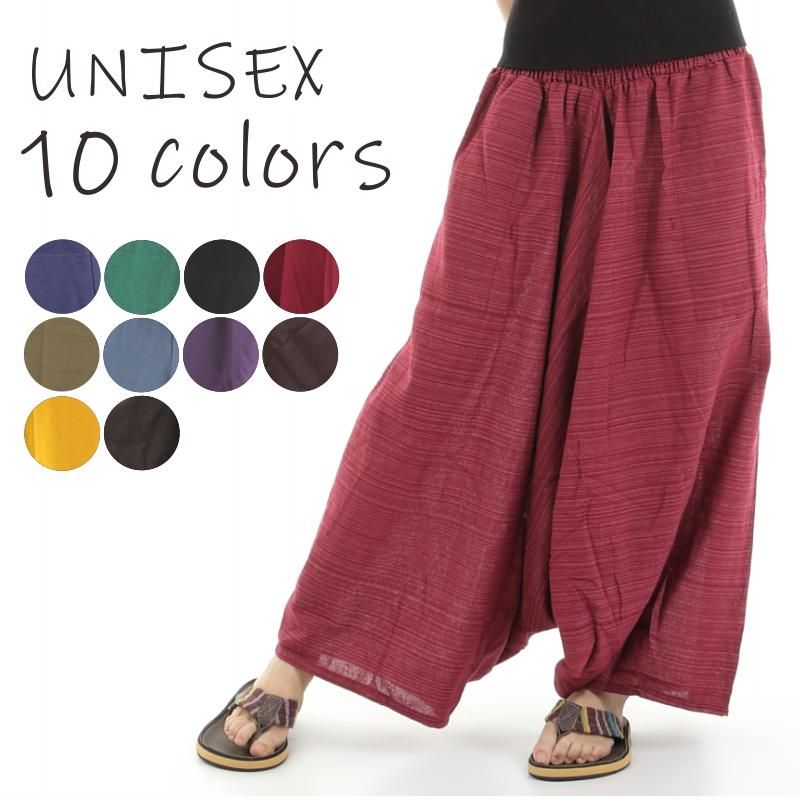 ガウチョパンツ 袴パンツ ストライプ ワイドパンツ メンズ レディース エスニック サルエルパンツ アラジンパンツ スカンツ タイパンツ　ユニセックス - KHAKI