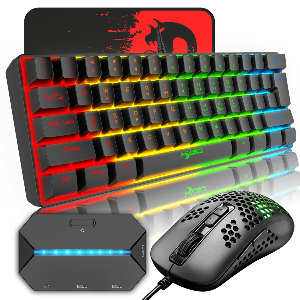 【10%OFF!!】【送料無料】ゲーミングキーボード マウス ゲーミングキーボード コンバーター 付き 有線 61キー コンパクト 60%レイアウト 11LEDバックライト 2400DPI マウスパッド付き オフィス/ゲーミング用 英語配列 日本語取扱説明書 pc/ps4/switch対応