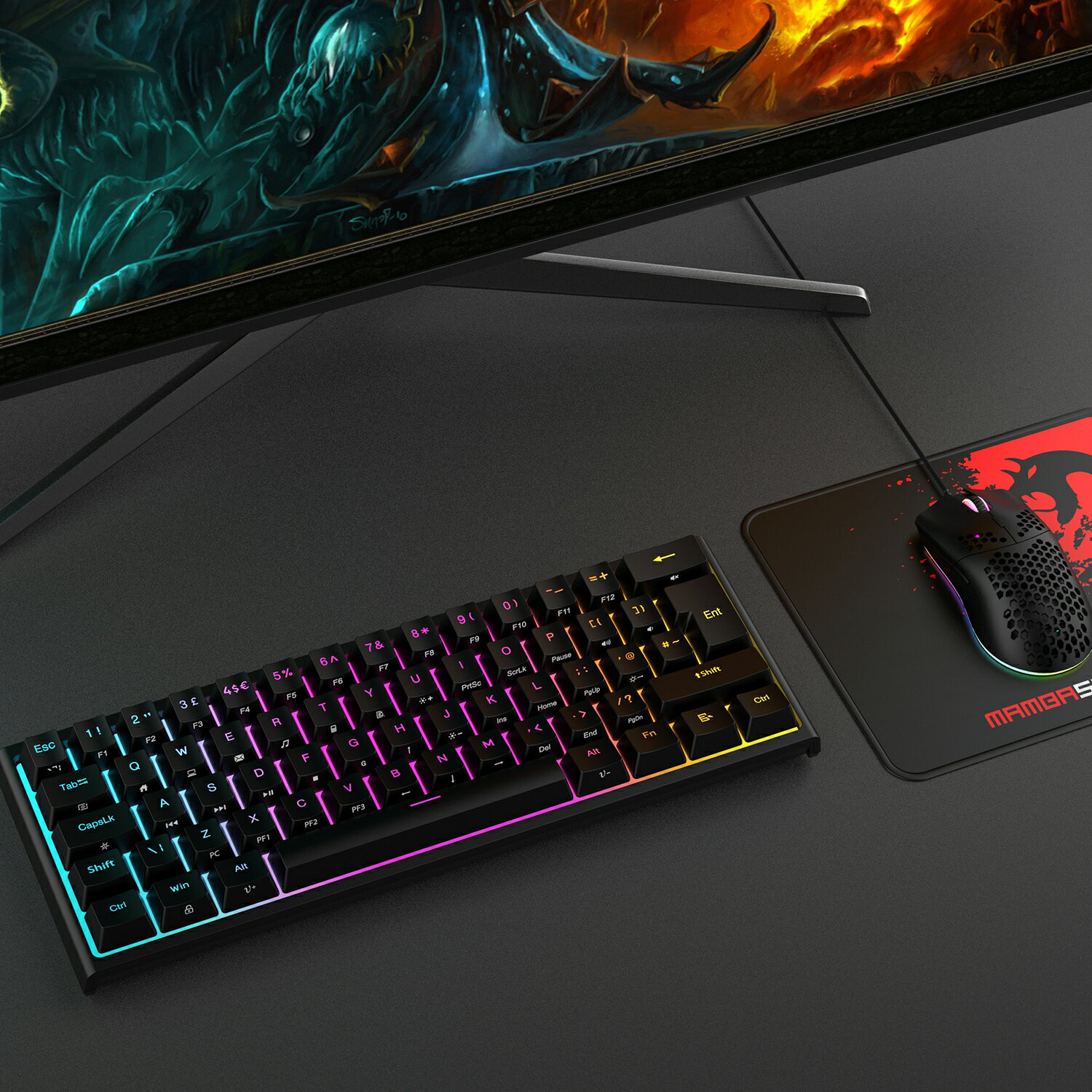【送料無料】ゲーミングキーボードマウスセットゲーミングキーボード赤軸メカニカルテンキーレス60%コンパクト14種類のRGBバックライト全キー防衝突TypeC有線英語配列日本語取扱説明書付きゲーミングマウス軽量12000DPIマウスパッド付き(ブラック)