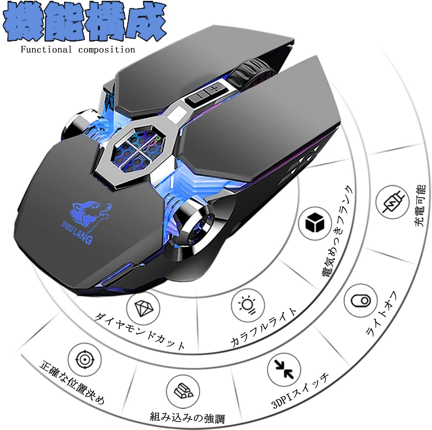 【送料無料】ゲーミングマウス USBワイヤレス接続 スポーツカーデザイン 高精度 7色バックライト 強い耐久性 3速DPI…