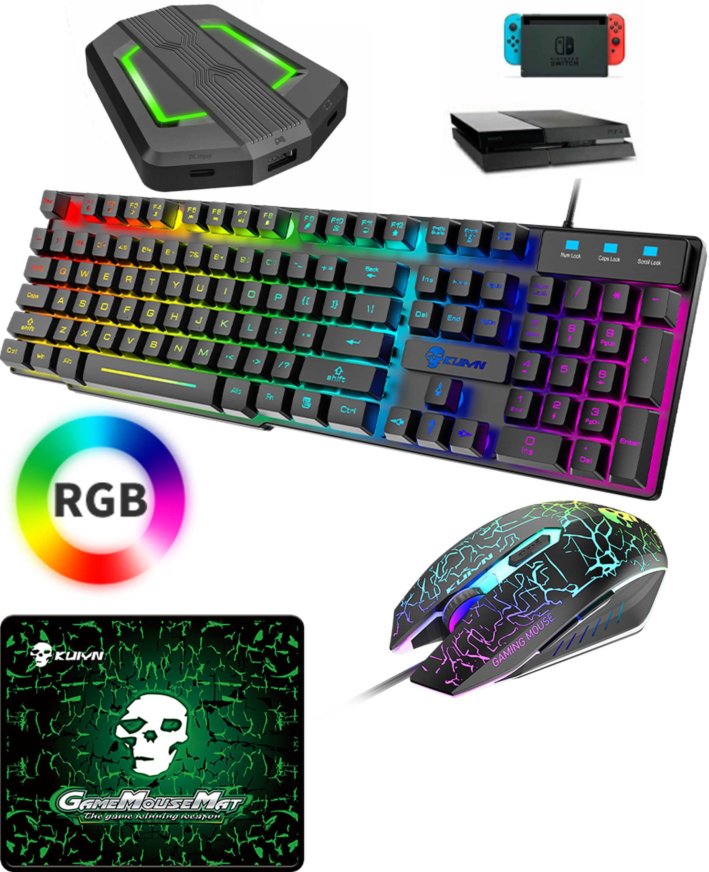 ゲーミングキーボード マウス セットコンバータ付き 高耐久 RGB 多種ライトモード USB有線 防水多機能 マルチメディ…