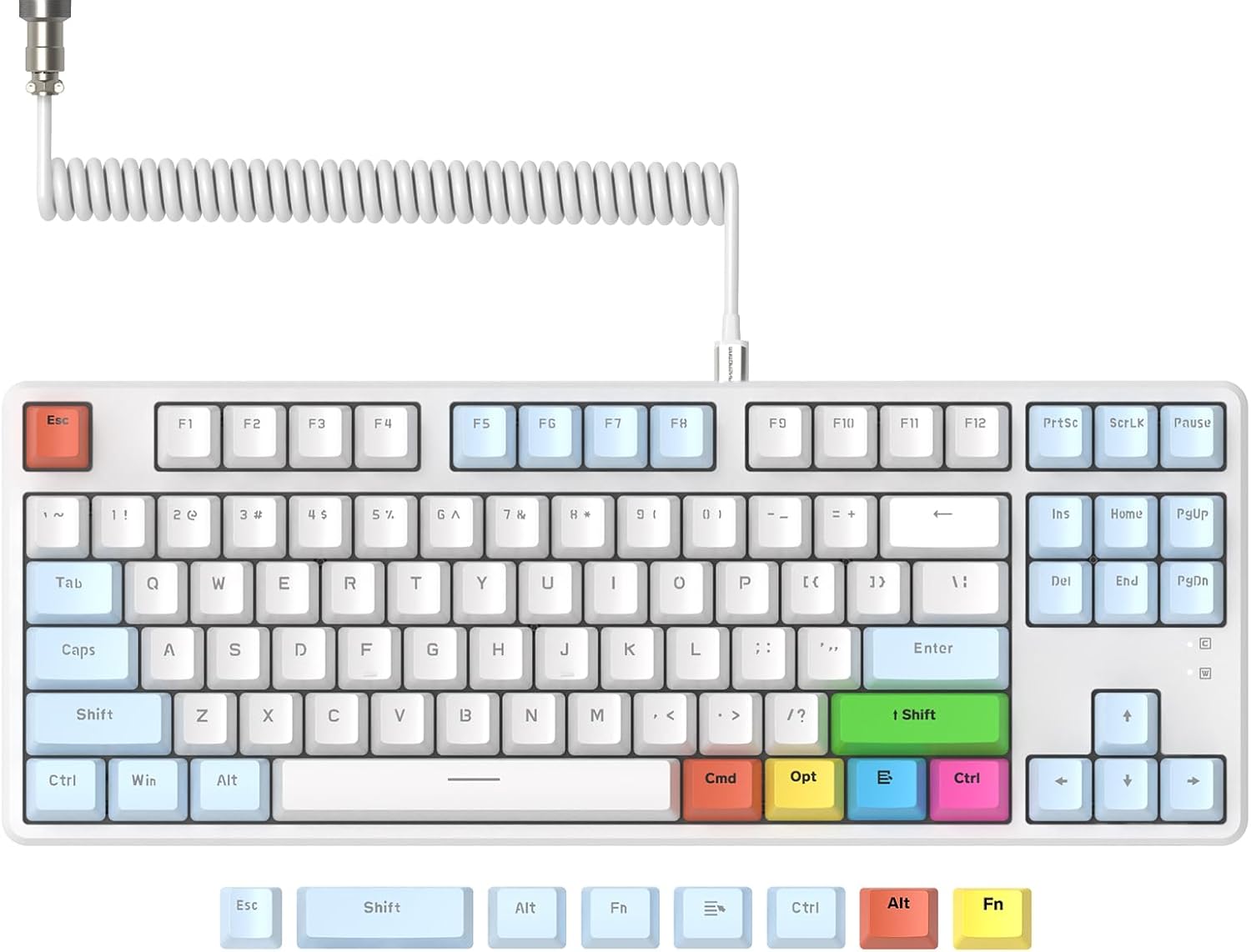 【送料無料】有線キーボード、ゲーミングキーボード、カニカルキーボードセット テンキーレスコイルケーブル ホットスワップホワイトブルー青軸コンパクト 87キーゲーム用全キー衝突なしRGBバックライト着脱式マグネットカバー PBT昇華キーキャップ