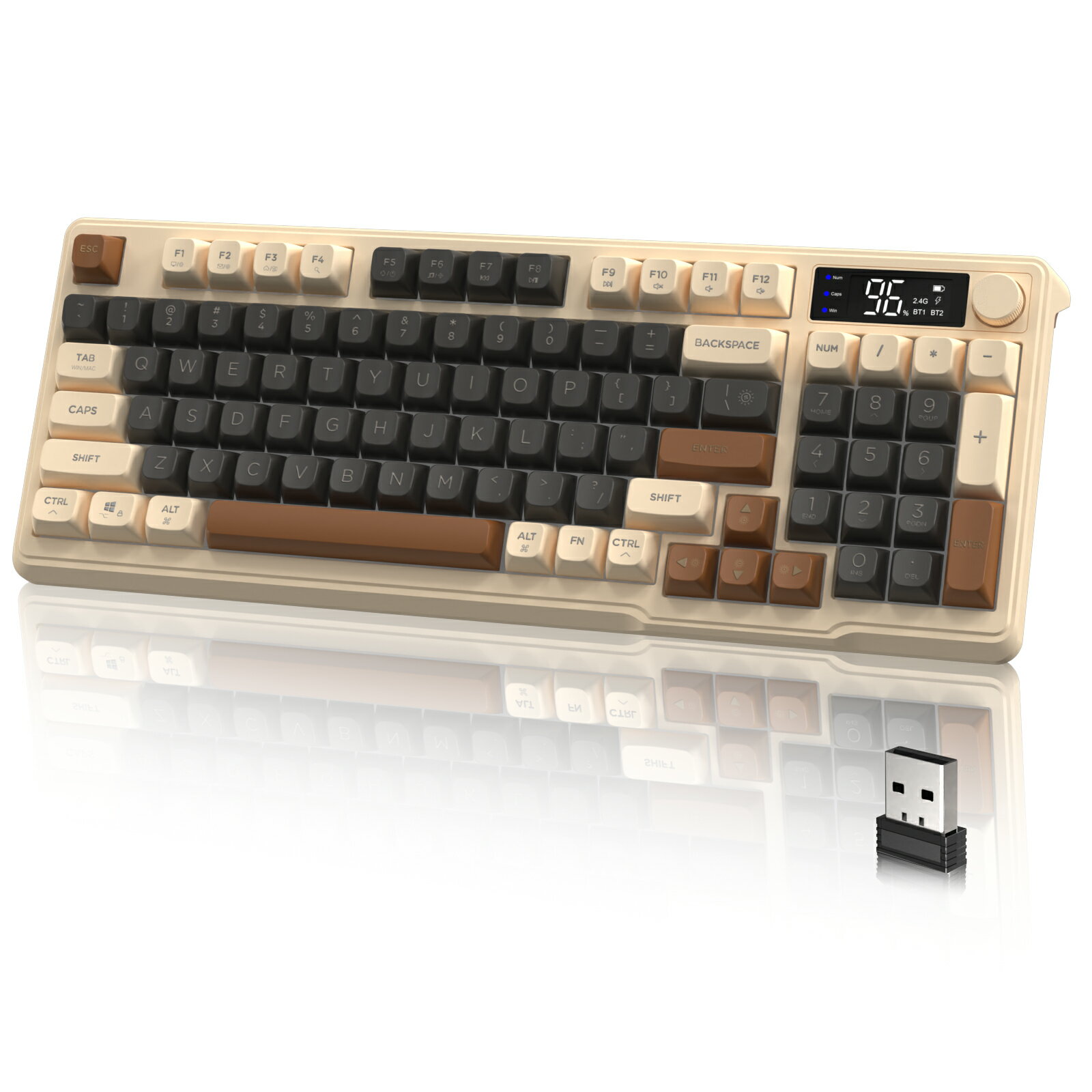 【送料無料】M96ゲーミングキーボード ワイヤレス2.4G/Bluetoothダブルモード無線キーボード PBT 三色パッチワークボールキーキャップ RGBキーボード 96キー配列 ボリュームノブや電子ディスプレイ付き 長時間のバッテリー寿命3000mAh iOS/Android/Mac/Windows対応の仕事PC用