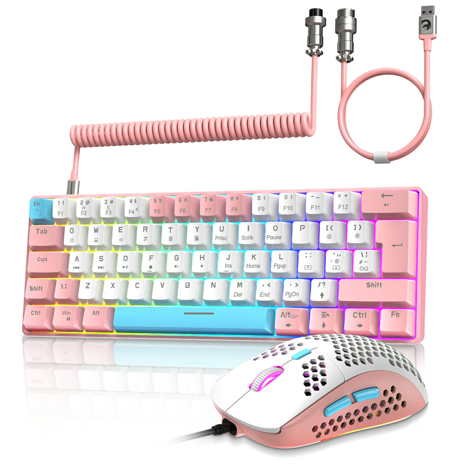 【送付無料】ZIYOU LANG T60 有線 60% 機械式 メカニカルキーボード ゲーミングキーボードマウスセット RGB バックライト付き テンキーレス 防衝突 TKL 低ノイズ 在宅勤務 コイルケーブル usb-c青軸 日本語説明書 コンパクト Type-c有線接続 指紋防止 UK配列