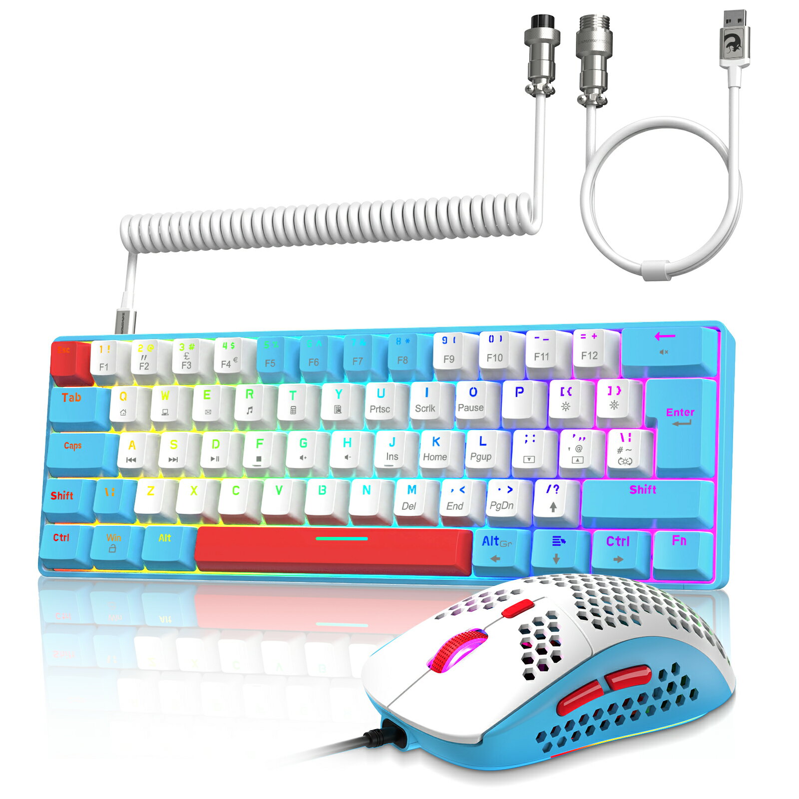 【送料無料】ZIYOU LANG T60 有線 60% メカニカルキーボード ゲーミングキーボードマウスセット RGB バックライト付き テンキーレス 防衝突 TKL 低ノイズ 在宅勤務 コイルケーブル usb-c ケーブル 青軸 日本語説明書 コンパクト Type-c有線 指紋防止 人間工学設計 UK配列