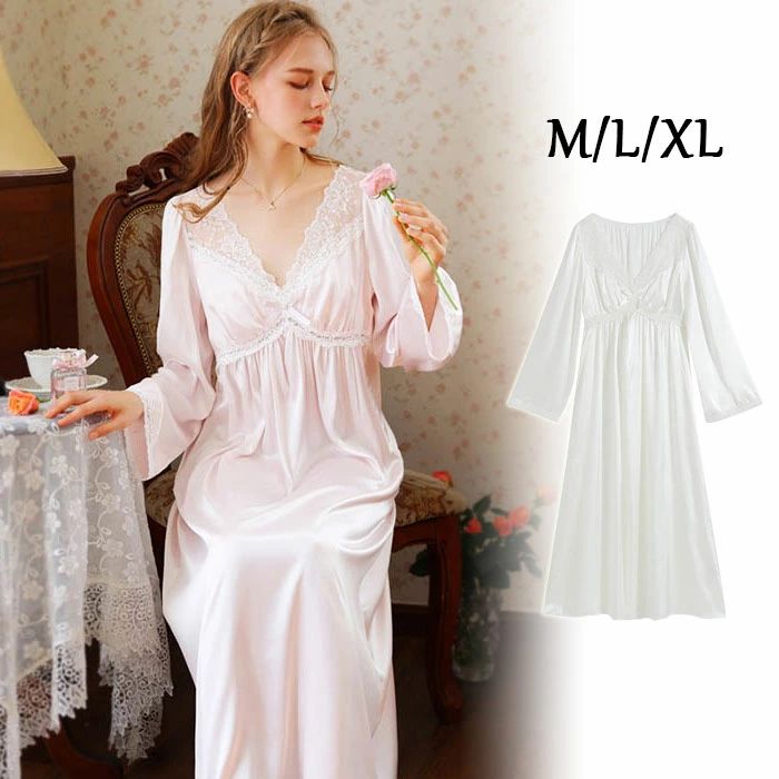 パジャマ パジャマ セクシー ナイトドレス 部屋着 長袖 誕生日 ネグリジェ 寝間着 ベビードール 可愛い ギフト チュール パジャマワンピース 妻 夏 レディース シースルー 花レース 彼女 可愛い ルームウェア Vネック ランジェリー ワンピース 宮廷風 ホワイト 姫 ピンク