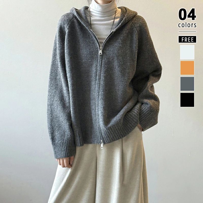 ダブルジップ アウター フード付きパーカー ジップアップ ニットパーカー レディース ジップアッ パーカー カーディガン ニット