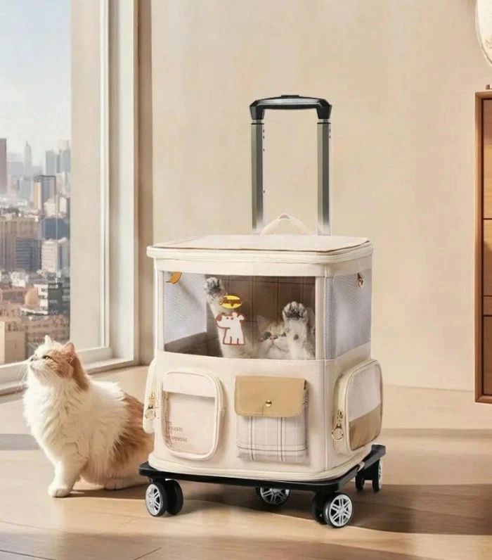 多頭飼い対応 ペットキャリーリュック 保冷ポケット付き（滑車付き/防水素材/動物病院対応） 猫犬兼用 軽量旅行用キャリーバッグ 通気性ベスト