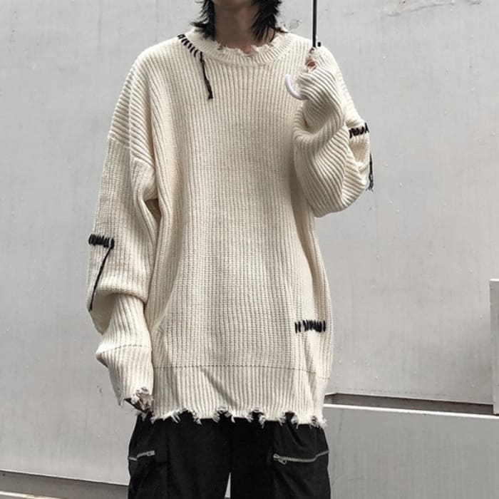 Knit Sweater - リブ ダメージ 13375 メンズ ファッション ニット セーター ラウンドネック