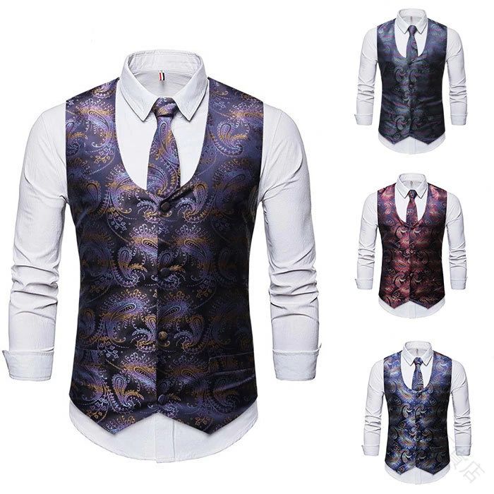 ステージ演出服 メンズベスト XL 新年会カラオケコンサート 花柄 ネクタイ付き 4色展開 パープル 2XL M ワインレッド グリーン ビジネスフォーマル 社交イベント宴会 舞台衣装 メンズトップス ジレ ネイビー L 前開き 結婚式紳士服 S