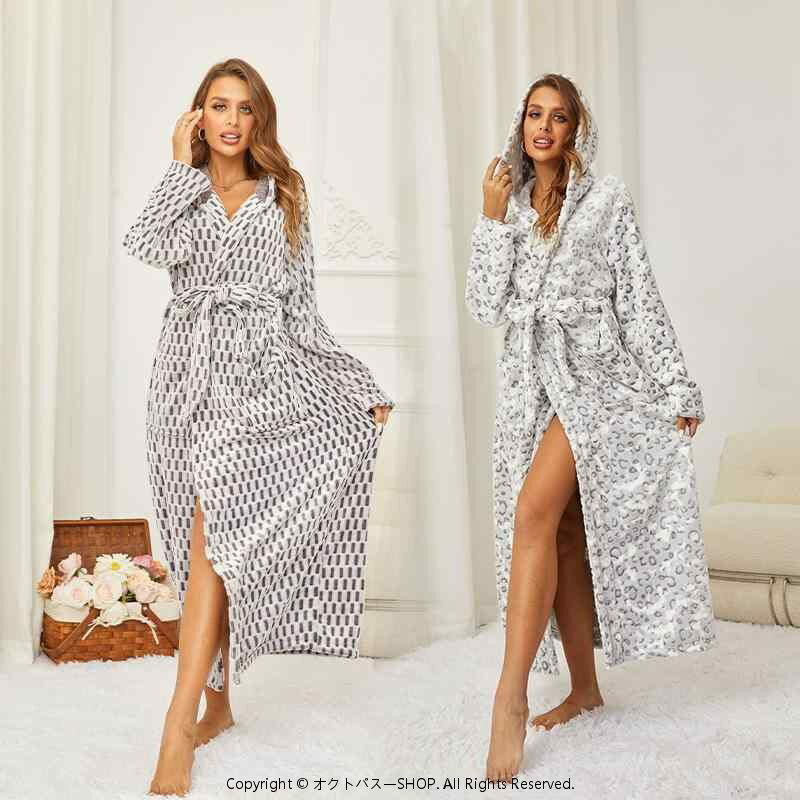 バスローブ ロング丈 秋冬 部屋着 パーカー ゆったり ナイトガウン 男女兼用 リラックス 快適 パジャマ 暖かい カジュアル 大きいサイズ 保温 ペア ビッグシルエット お風呂上り ポリエステル ルームウェア フード付き ヒョウ柄 フランネル