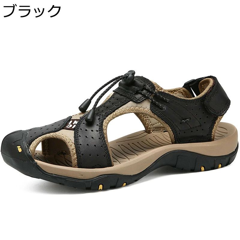 　　　 ◆◇◆人気の秘密◆◇◆ 【牛革製品】履けば履くほど足に馴染む牛革製品。足も蒸れにくい天然皮革で、履き心地もバツグンです。足馴染みの良い牛革を使用した定番のメンズサンダル。 【マジックテープ式】マジックテープ式なので脱ぎ履きがとても便利で、自己甲高さにより調整できます。 【つま先保護設計】つま先部分には保護設計を採用、足をしっかりと保護、ケガを防ぐ！届いたときから柔らかく履き心地が良いです。 【ゴム】アウトソールはゴムで仕上げて、滑り止めできと同時に弾力性も抜群、着心地よいです。 【適用場合】海水浴、サーフィン、水遊び、キャンプなど夏アウトドアやレジャーなどで大活躍。ベランダサンダルとしても活用可能です。 　　　◆◇◆注意事項◆◇◆ご覧のモニターの環境、撮影環境により実物と色味が異なって見える場合がございます。湿った状態で他のものと擦り合わせると色が移る恐れがあります。濃色品の洗濯時は、白色、淡色と分けて洗ってください。説明 ?ようこそいらっしゃいませ? 「商品紹介」 ?表地：レザー ?ソール素材:ゴム 「商品特徴」 ?サンダルのつま先部分には保護設計を採用。足を包み込んでしっり支えて、足をしっかりと保護、ケガを防ぐ！ ? 通気性抜群の素材を使用する上に、空気を良く通すデザインも設計されました。ムレにくいです。 ? 耐久性や滑り止め機能デザイン重視の靴底 長時間履いても履き心地いい。この季節の定番カジュアルサンダル。 ?軽くて履き心地抜群 まるで素足のような履き心地、「海外旅行・川遊び・プール海水浴・ビーチ・マリンスポーツ・シュノーケリング・釣りなど」はもちろん「運転用・散歩・お出掛け・室内」のシューズとしても便利です。 ????????????????????「ご注意」???????????????????????? ?ご覧頂く際の環境やお使いのパソコン環境及び携帯電話の動作環境などにより、商品画像の色が実際の商品と若干異なる場合がございます。 ?狭い足の場合、大きさは正しいです。しかし、あなたが広いフィッティングの場合は、通常よりも1サイズ大きく注文することをお勧めします。 ?本店は他の種類の豊富のシューズがあります！よろしければご覧下さい！?