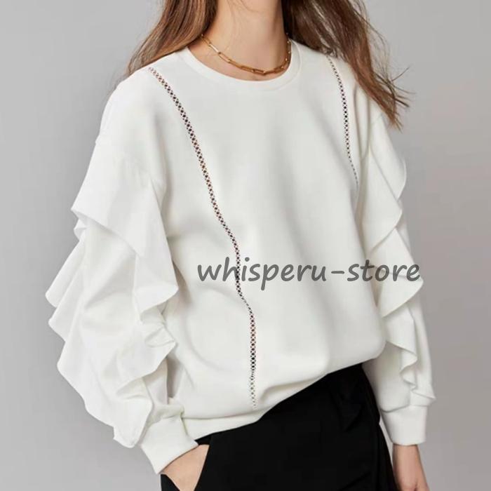 プルオーバー おしゃれ クルーネック 大人 トップス レディース 無地 ゆったり トレーナー かわいい 切り替え 長袖 ボリューム袖 カジュアル