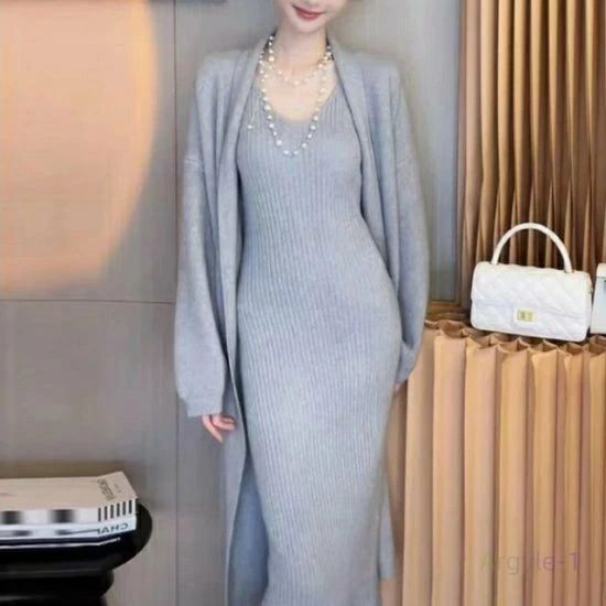 リブニット 長袖 お出かけ カジュアル ルームウェア ニットセットアップ ロングカーディガン 2点セット 女性 レディース ツーピース おしゃれ 無地 ノースリーブ シンプル ミモレ丈ワンピース