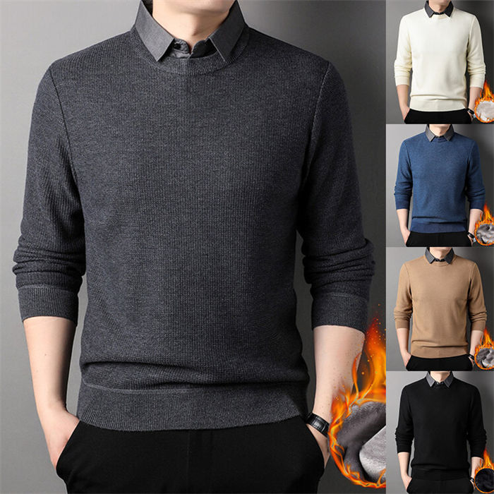 polotネック 長袖 メンズ シャツ プルオーバーシャツ ポロシャツ レイヤード風 セーター 無地 トップス 重ね着風 ブラウ ニット