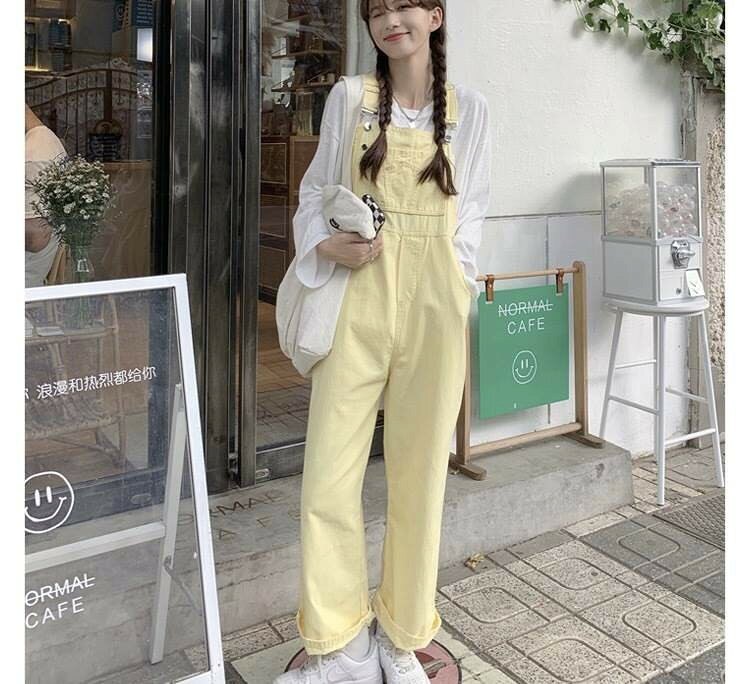 イエロー パステルカラー オーバーオール サロペット 黄色 レディース パンツ ルーズ ロング丈 個性 ボトムス デニム カジュアル