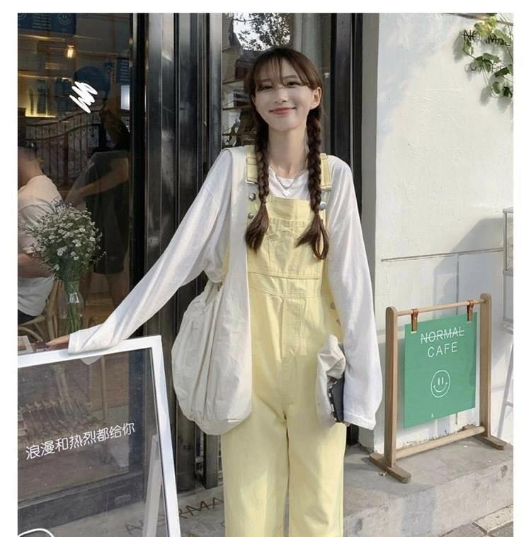 WORLD TEACHのイエロー パステルカラー オーバーオール サロペット 黄色 レディース パンツ ルーズ ロング丈 個性 ボトムス デニム カジュアル｜アングル3