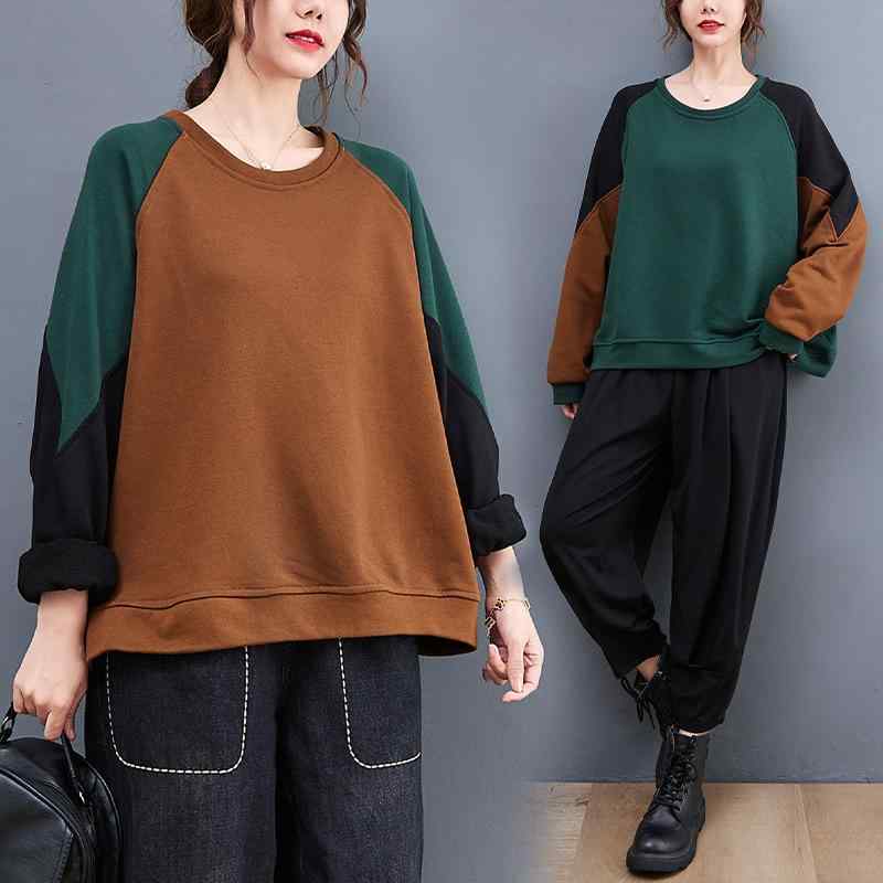 スウェット レディース 秋冬 レトロ 切り替え 配色 長袖 クルーネック ゆったり プルオーバー 大きいサイズ コットン素材 カジュアル 普段使い トレーナー 体型カバー
