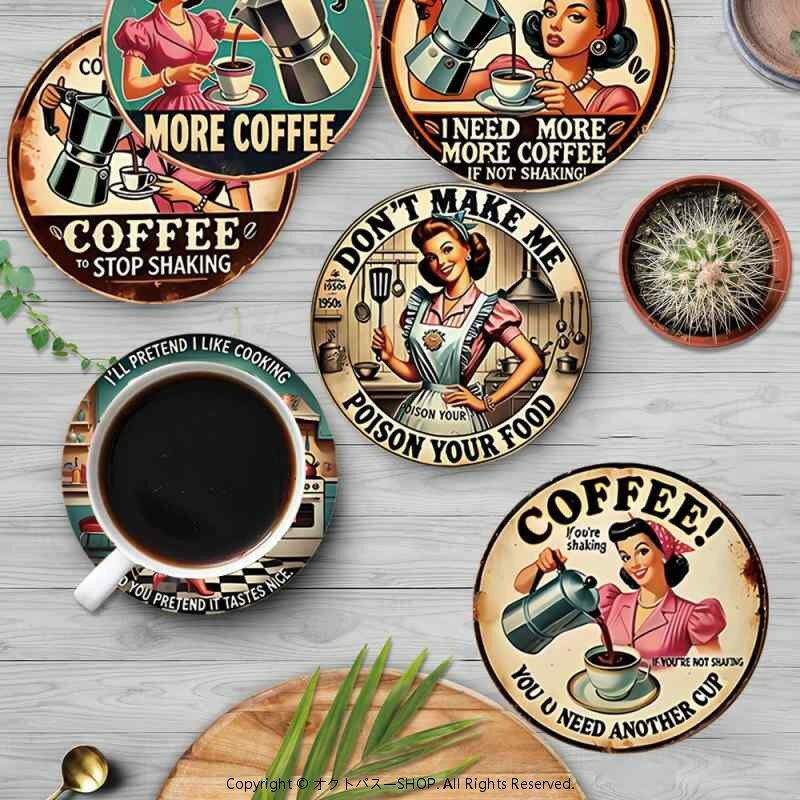 断熱 ウッド 人気 レトロガール コースター かわいい 撥水 木製 コーヒーカップ敷物 UVプリント 滑り止..