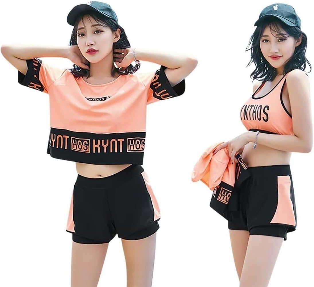 タンクトップ 水泳 タンキニ (ピンク L) 体型カバー 水着 ママ ラッシュガード ショートパンツ 3点セッ..