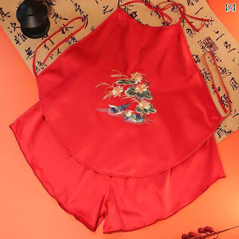 古風 インナー レディース 刺繍 ノースリーブ ショーツ セット ポリエステル 薄手 クルーネック 涼感 快適 部屋着 寝間着 オールシーズン ピンク ライトイエロー レッド 牡丹柄