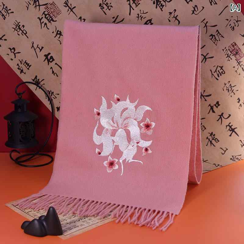 スカーフ レディース ウール ショール 刺繍 花柄 ミドルレングス 秋冬 保温 カジュアル 普段使い エスニック レトロ 汎用 暖か スタイル