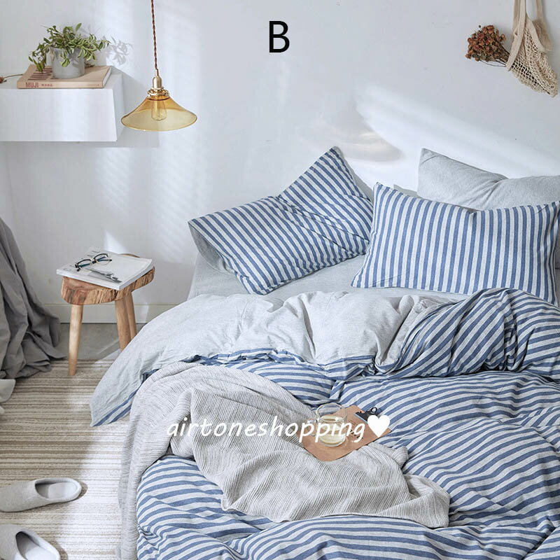 送料無料 全5色 布団カバーセット ブルー ストライプ柄 綿100% 寝具カバーセット 3点セット 4点セット ..