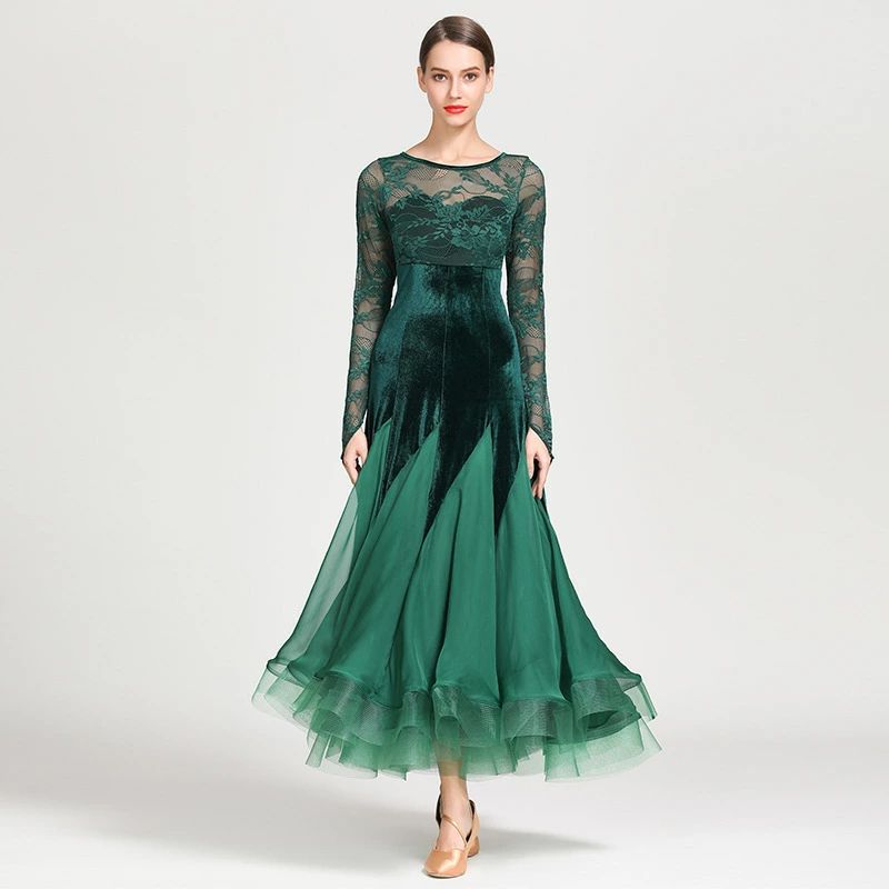 ロングドレス ダンスウェア 社交ダンス 赤 競技用ドレス 可愛い 社交ダンスドレス ベロア ベルベット ボールルーム衣装 全3色 S 社交ダンス衣装 モダンドレス 緑 XL スタンダード M レッド XXL レース L グリーンブラック ワルツ 黒 モダンダンス 発表会