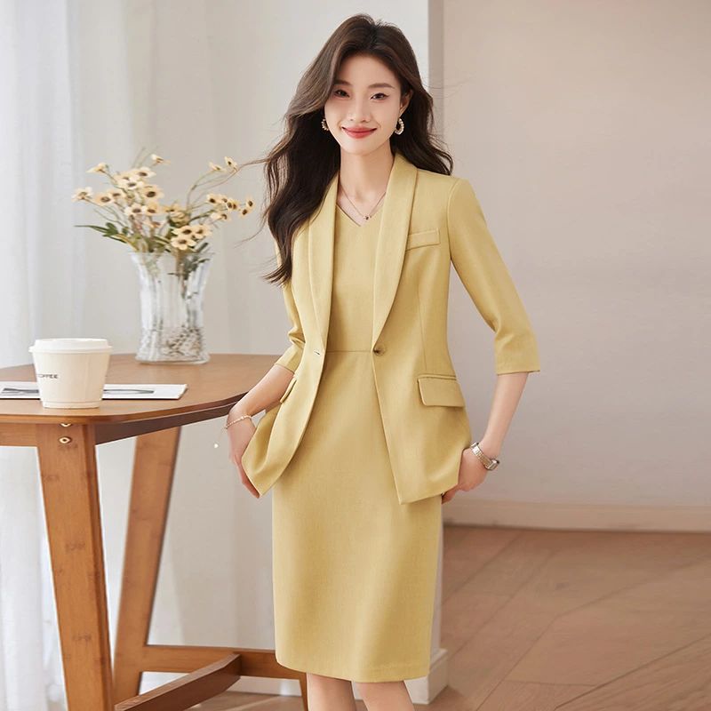 送料無料 全4色 ワンピーススーツ レディース イエロー ピンク ベージュ ブラック スーツ 2点セット ワンピーススーツセット セットアップ 通勤 OL オフィス 無地 オシャレ セレモニースーツ 入園式 卒園式 黒 春 夏 S M L XL 2XL 3XL 4XL