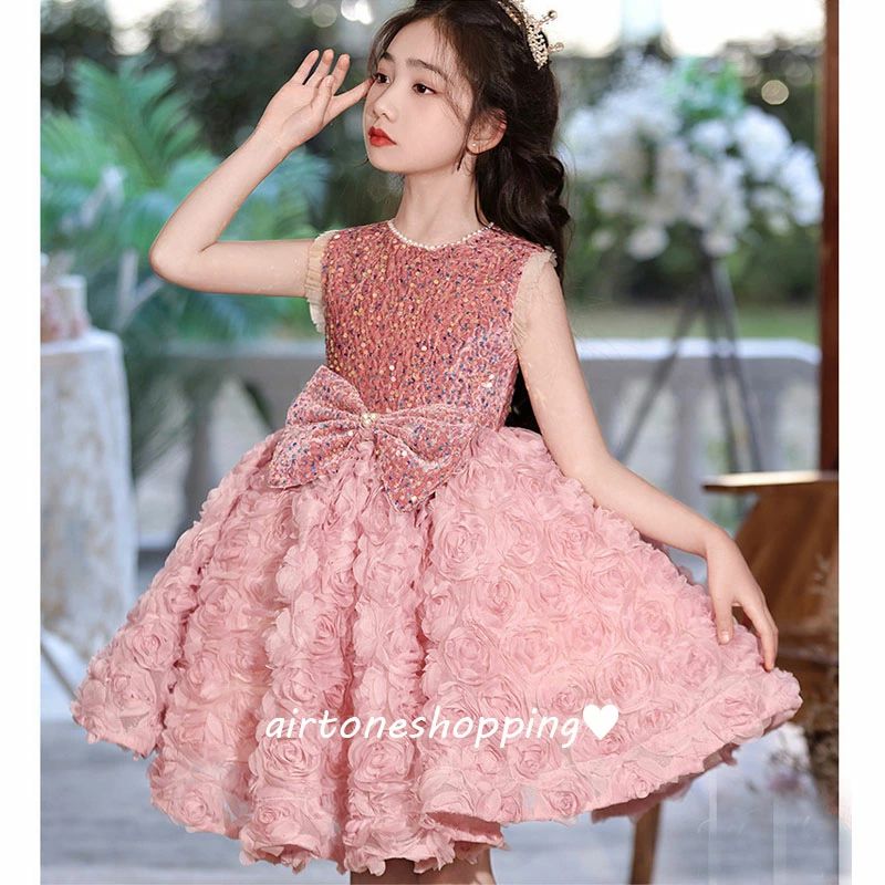 送料無料 子供ドレス ショート丈 ピンク 花柄 リボン 可愛い 女児ドレス 七五三ドレス ショート レース フラワー パール オシャレ 女の子ドレス キラキラドレス スパンコール 子どもドレス キッズドレス ピアノ発表会 演奏会ドレス 80~160cm