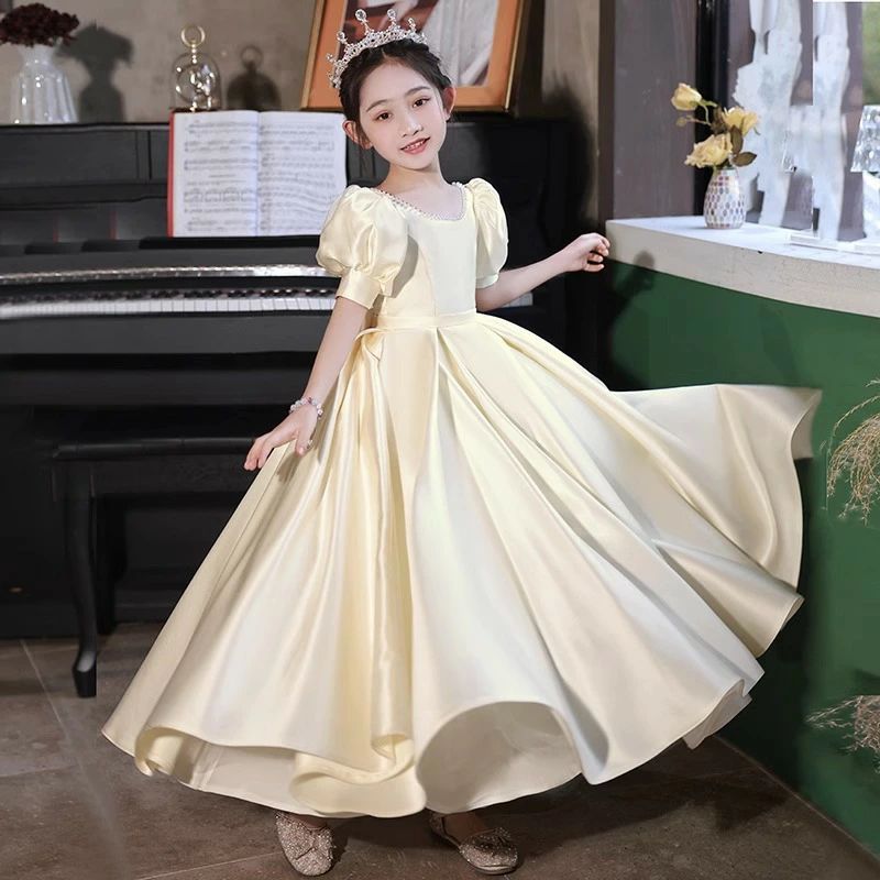送料無料 子供ドレス ピアノ発表会ドレス ロングドレス シャンパン色 サテン ドレス 演奏会ドレス 女児ドレス パール パフスリーブ 可愛い 女の子ドレス ショート丈 七五三ドレス キッズドレス フォーマル 演出服 110~160cm