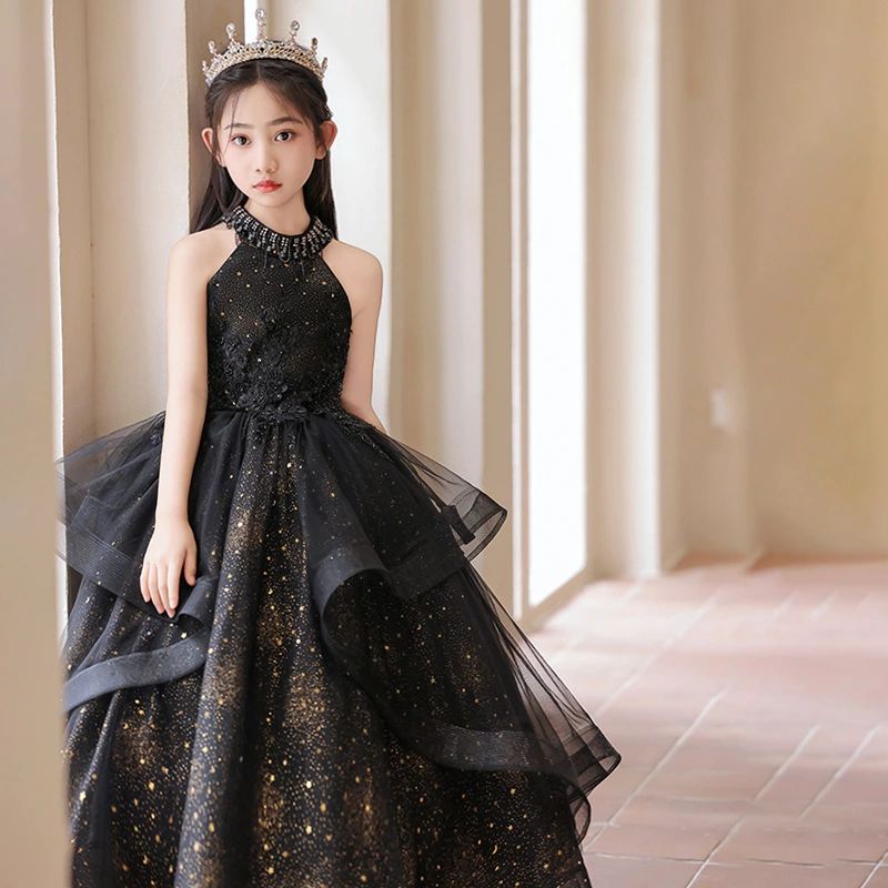 送料無料 子供ドレス ロングドレス ピアノ発表会ドレス ホルターネック 黒 ブラック 女児ドレス 演奏会ドレス 女の子ドレス キッズドレス ノースリーブ ビーズ オシャレ 可愛い 100~160cm