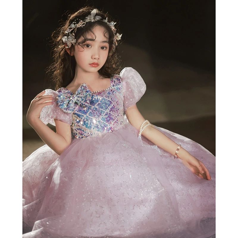 送料無料 子供ドレス ピアノ発表会ドレス ピンク キラキラドレス スパンコール ロングドレス 女児ドレス 演奏会ドレス リボン 可愛い 女の子ドレス キッズドレス ピアノ発表会 演出服 バックリボン オシャレ 100~160cm 3
