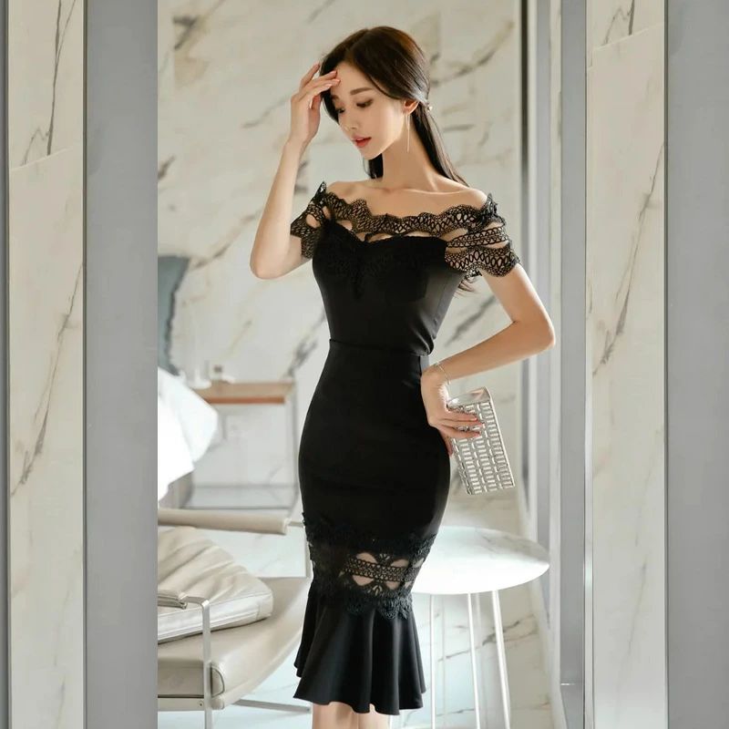 S キャバドレス キャバワンピース 透かし彫り オフショルダー セクシー マーメイドワンピース タイトワンピース 韓国風 ブラック レース XL ロングワンピース マーメイドライン 韓国風ワンピース タイトドレス M L 黒