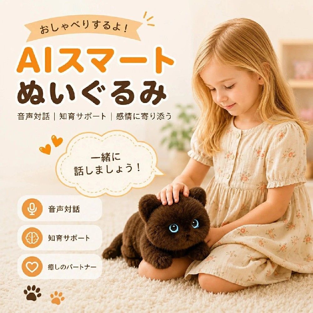 【最新 AIペット】【月額無料★2026最新款】猫 AIロボット AIペット 電子ペット しゃべる ぬいぐるみ aiぬいぐるみ おもちゃ 知育玩具 英語 学習 癒しグッズ プレゼント 子供 誕生日 クリスマス ChatGPT対応 スマホ連動 次世代AIペット しゃべる 66言語対応 一人暮ら 大人 まるで家族！66ヶ国語対応の最新AI搭載。なでると喜ぶ魔法の相棒。専用アプリで性格もカスタマイズ可能♪ 子供の知育から大人の癒しまで大活躍！ 製品仕様 商品名：話せるAIにゃんこ（ChatGPT搭載）サイズ：12×27cmバッテリー／充電：1000mAh大容量バッテリー / USB Type-C充電対応言語／アプリ：66カ国語 / Tuya Smart（iOS/Android・日本語対応）保証： 2年間国内保証ChatGPT搭載による「本当の会話」 【特徴】最新の生成AI「ChatGPT」と連携し、ネット検索を活用したリアルタイム回答が可能です。【強み】決まったセリフを返すだけの従来のぬいぐるみとは次元が違います。「恐竜って何で絶滅したの？」「今日の天気は？」など、どんな質問にも柔軟に答えます。【利益】お子様の知的好奇心を無限に引き出し、遊びながら自然と学ぶ力が身につきます。さわって感じるAIの温もり【特徴】頭をなでるとゴロゴロと甘え、目をキョロキョロと動かして反応します。【強み】「Hey, Tuya」の音声起動、またはお口をポンと叩く2WAY起動。触覚反応を備えた、まるで本物の生き物のような設計です。【利益】一人暮らしの方の癒やしや、ペットロスのケア、お子様の情操教育にも最適です。いつでもあなたのそばで寄り添います。よくあるご質問（Q&amp;A）Q. 月額料金はかかりますか？A. 一切かかりません。本体のご購入のみで、AIチャット機能やアプリをずっと無料でお使いいただけます。Q. 何歳から遊べますか？A. 3歳以上を推奨しております。小さなお子様のおしゃべり相手としても最適です。Q. ぬいぐるみは洗えますか？A. 内部に電子部品が内蔵されているため、丸洗いはできません。固く絞った濡れ布で優しく拭き取ってください。注意 事項 ※ 2年間保証 5